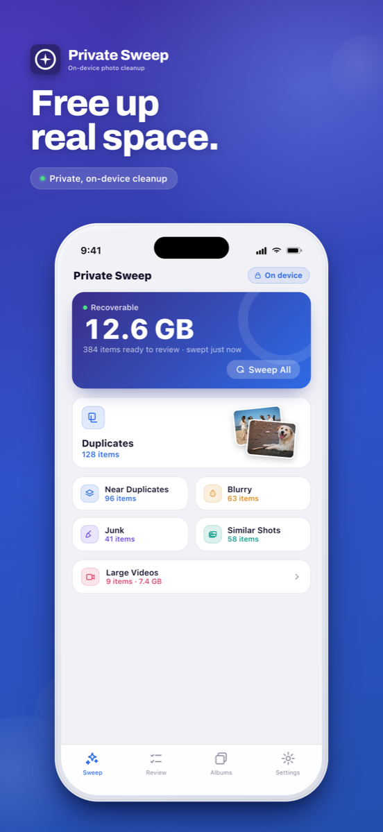 Private Sweep app showing recoverable storage and cleanup categories